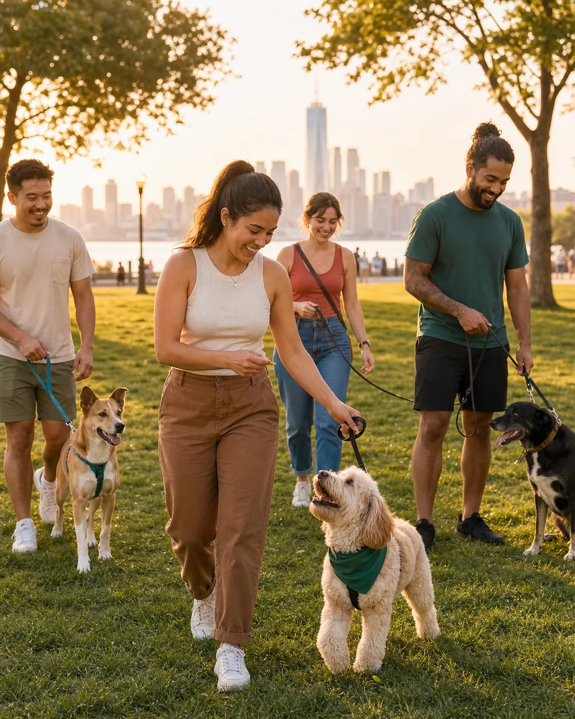 Young dog owners enjoying a warm, social outdoor training meetup