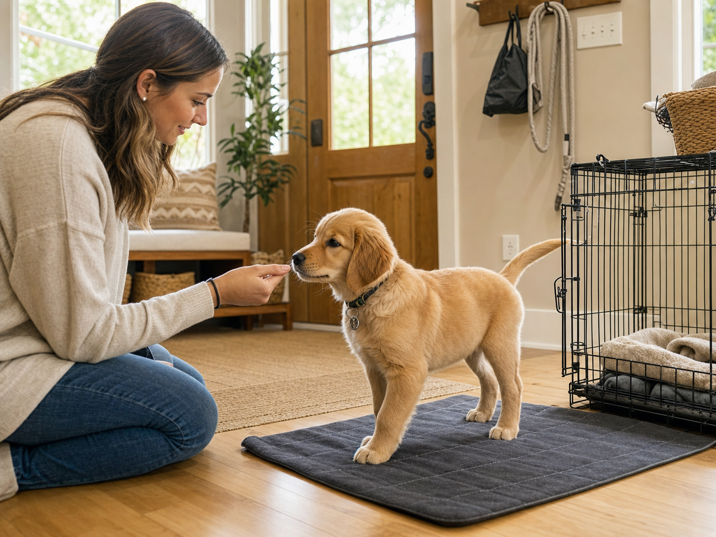 Puppy practicing a home routine near a crate