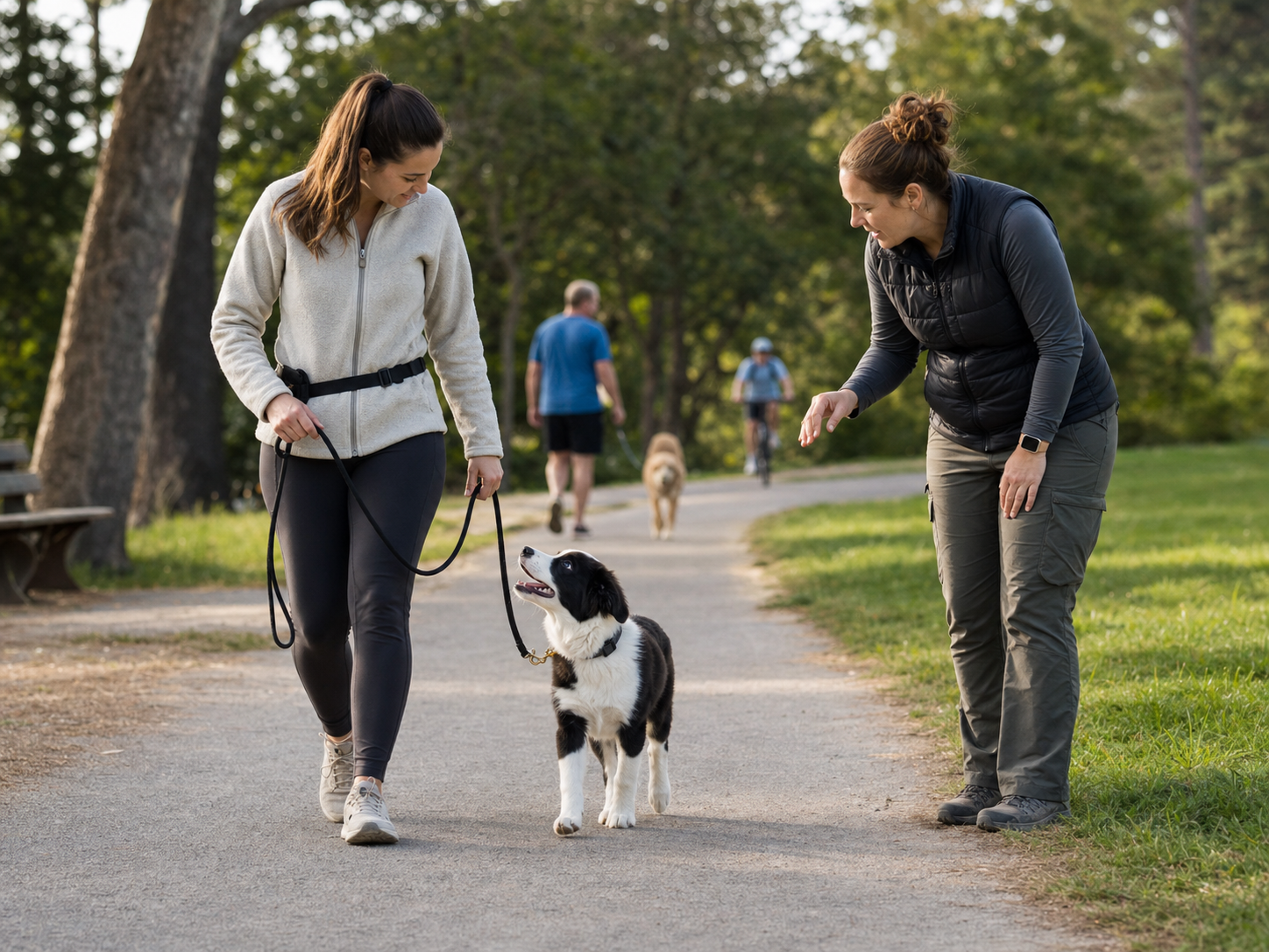 Puppy walking calmly on a loose leash while the owner is coached