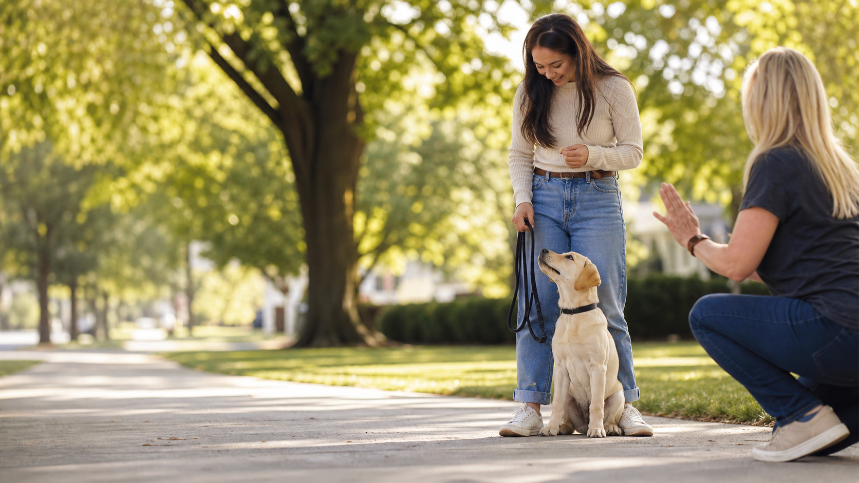 Puppy owner learning training skills while a calm puppy sits politely beside them