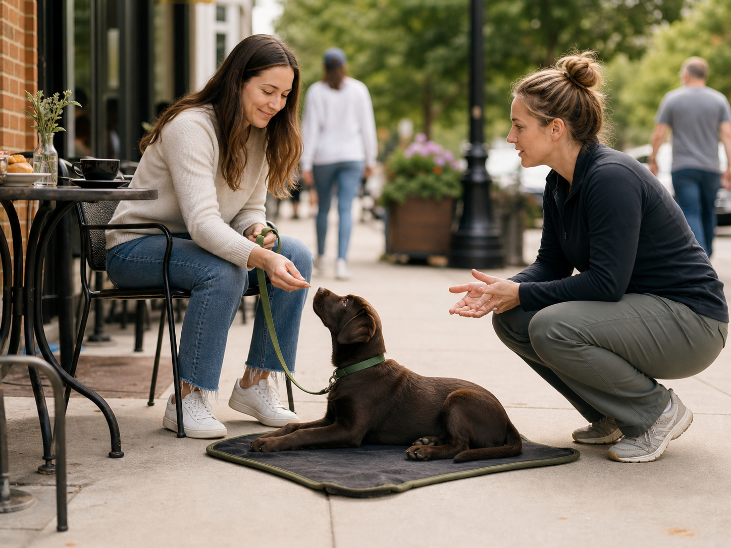 Calm puppy relaxing on a place mat at a public sidewalk cafe while owner is coached