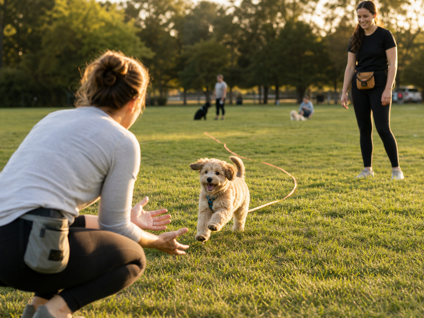 Puppy happily practicing recall on a long line with owner
